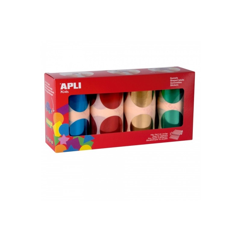 Apli Pack de 4 Rouleaux de Gomets Ronds Ø 45mm - Adhésif Permanent - Feuilles Prédécoupées - Idéal pour les Crèches - Adhésif à