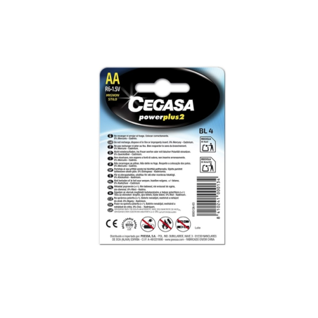 Cegasa Power Plus Lot de 2 piles R6 AA (4 pièces) - Piles salines pour appareils basse consommation