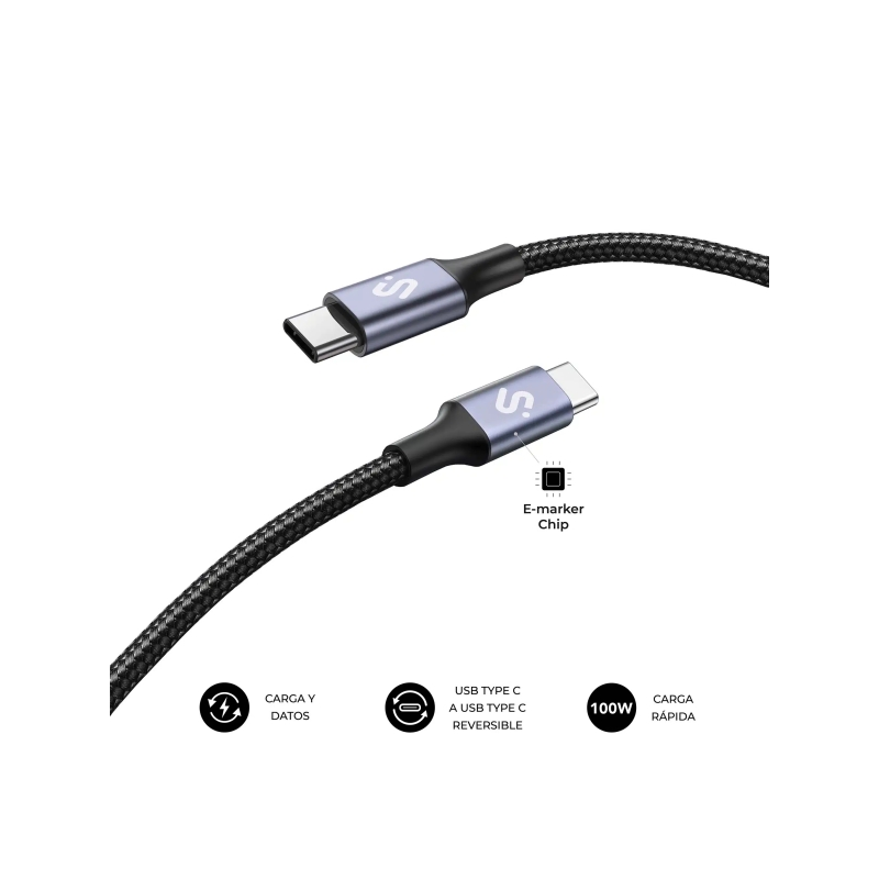 Câble Subblim Plus USB-C - 100 W - Nylon tressé - 480 Mbps - Puce E-Marker - 1 mètre - Couleur noire