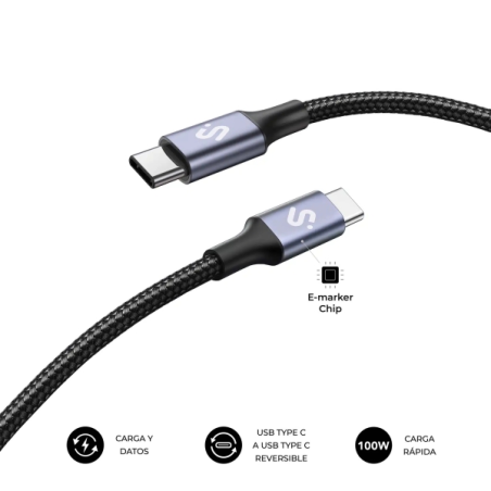 Câble Subblim Plus USB-C - 100 W - Nylon tressé - 480 Mbps - Puce E-Marker - 1 mètre - Couleur noire