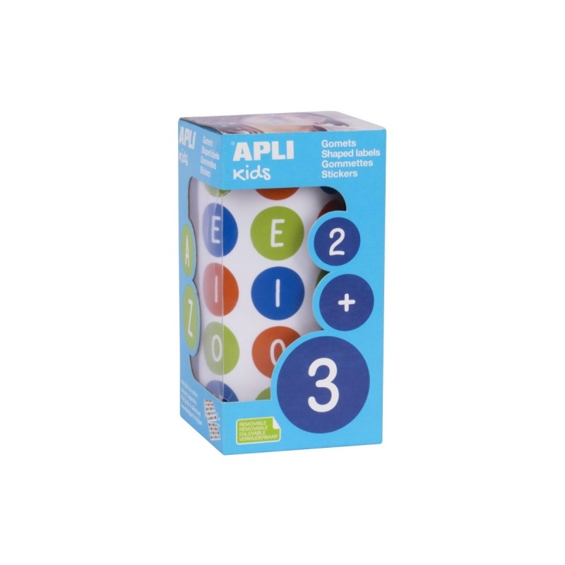 Apli Rouleau de Gomets Ronds avec Voyelles - Adhésif Amovible - 900 Gomets - Adhésif à Base d'Eau - Sans Solvant - Couleur Bleu