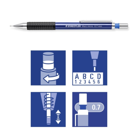 LOT de 10 Porte-mine Staedtler Mars Micro 775 0,7 mm - Mine rétractable en métal - Mine amortie - Zone de préhension en