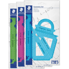 Présentoir Staedtler avec 18 jeux de règles - Le lot comprend une règle droite de 20 cm, un rapporteur, une équerre 60/30° et