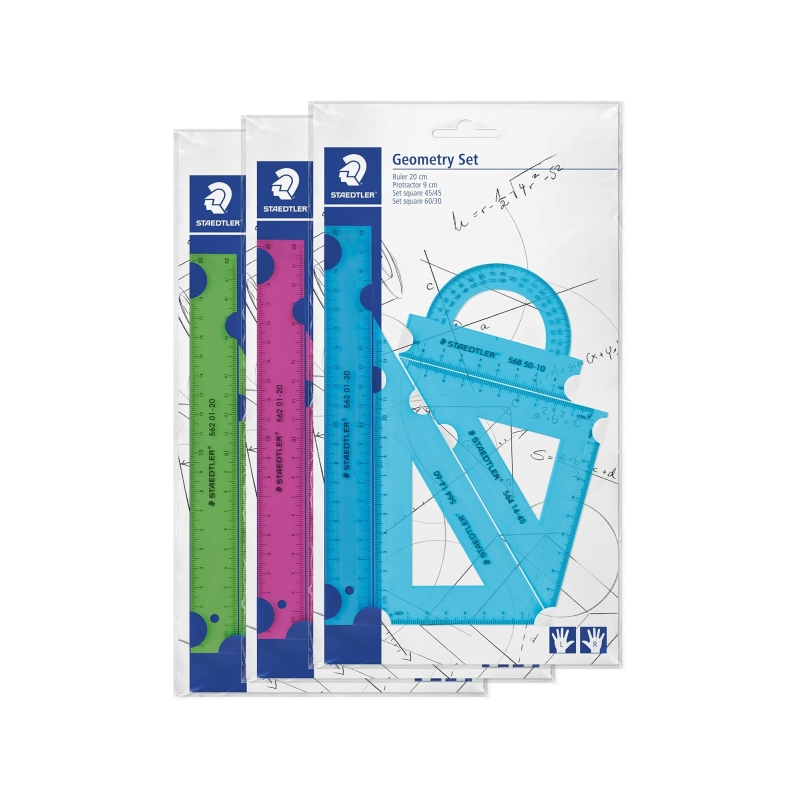 Présentoir Staedtler avec 18 jeux de règles - Le lot comprend une règle droite de 20 cm, un rapporteur, une équerre 60/30° et