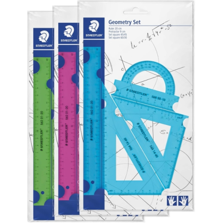 Présentoir Staedtler avec 18 jeux de règles - Le lot comprend une règle droite de 20 cm, un rapporteur, une équerre 60/30° et