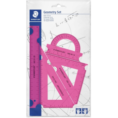 Présentoir Staedtler avec 18 jeux de règles - Le lot comprend une règle droite de 20 cm, un rapporteur, une équerre 60/30° et