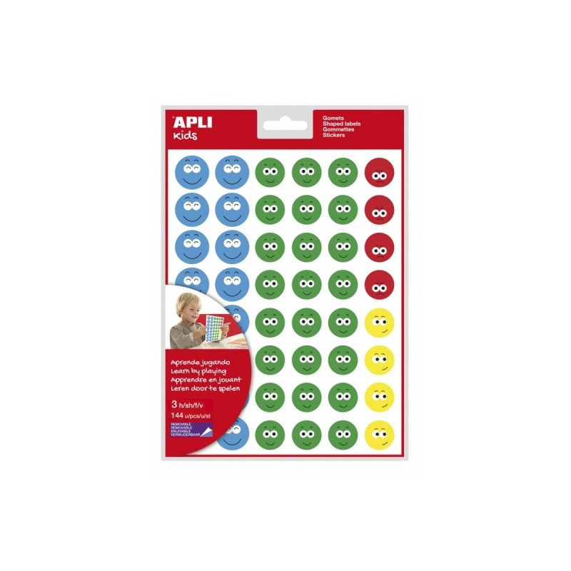 Apli Bag of Happy Face Gomets II - Adhésif amovible - 144 Gomets - 4 styles de visage - Encourage l'expression émotionnelle