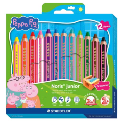 Staedtler Noris Junior Peppa Pig - Lot de 12 crayons de couleur extra épais + taille-crayon - 3 en 1 : crayon, crayon de cire