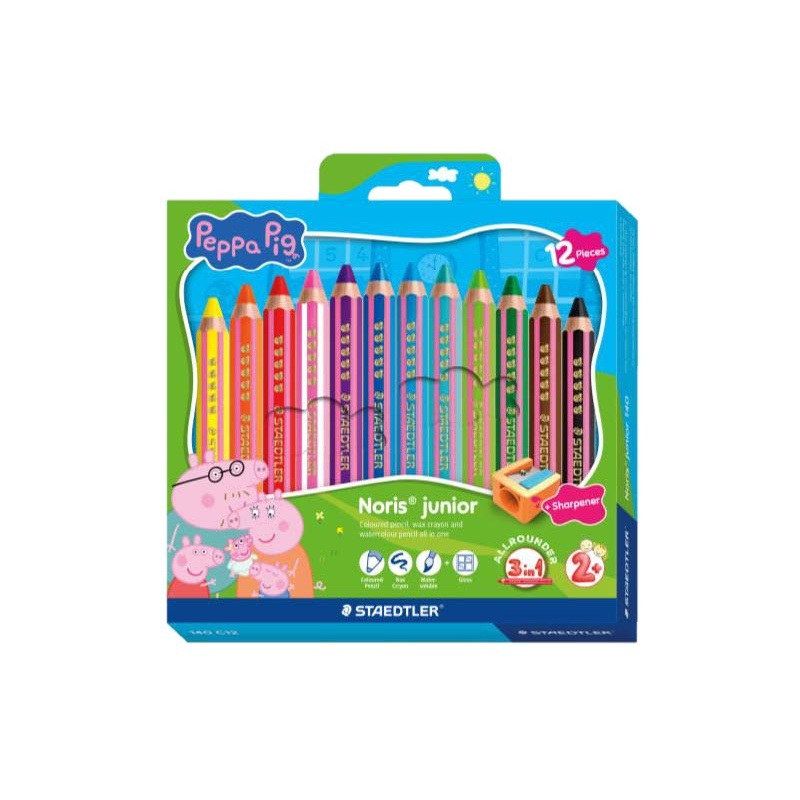 Staedtler Noris Junior Peppa Pig - Lot de 12 crayons de couleur extra épais + taille-crayon - 3 en 1 : crayon, crayon de cire