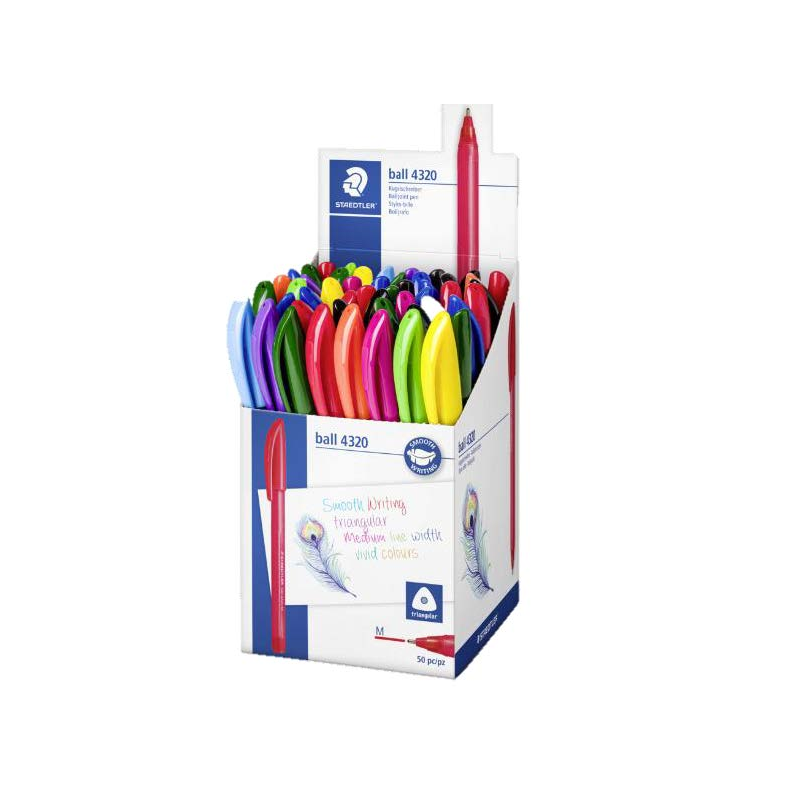 Présentoir Staedtler Ball 4320 M avec 50 stylos à bille 1 mm - Écriture fluide - Corps triangulaire - Couleurs assorties
