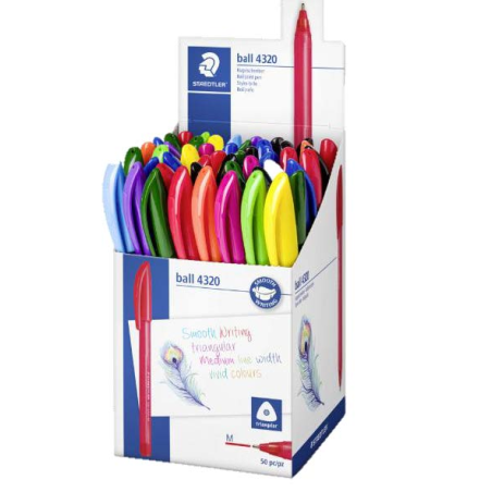 Présentoir Staedtler Ball 4320 M avec 50 stylos à bille 1 mm - Écriture fluide - Corps triangulaire - Couleurs assorties