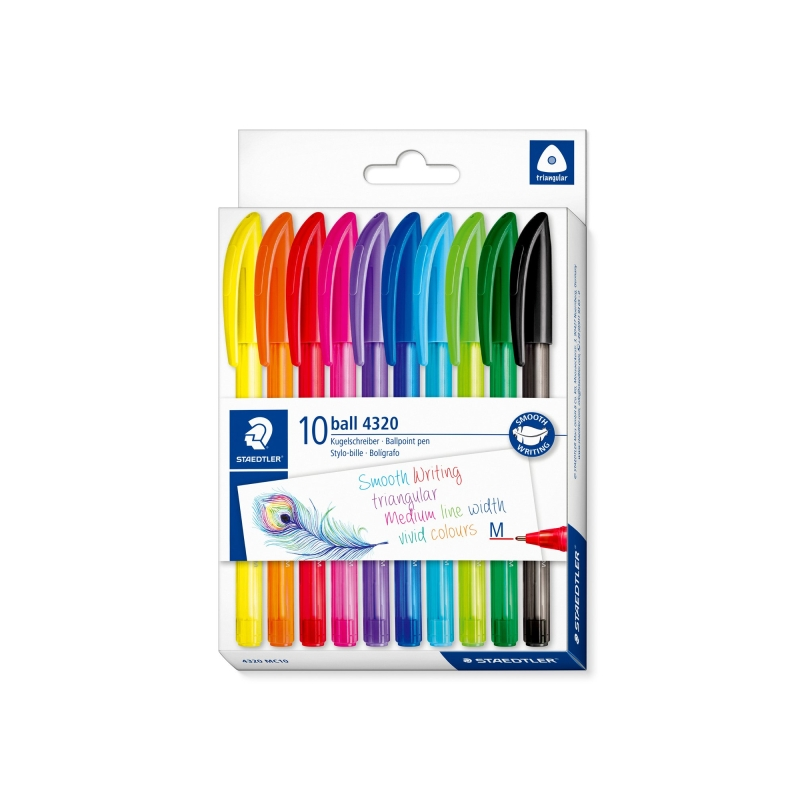 Lot de 10 stylos à bille Staedtler Ball 4320 M (pointe 1 mm) - Écriture fluide - Corps triangulaire - Couleurs assorties
