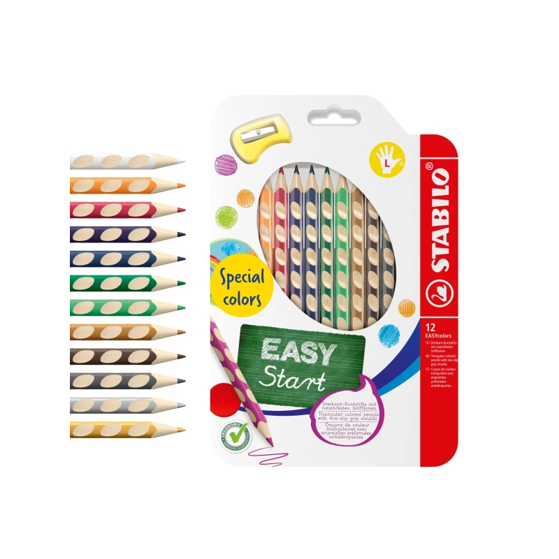 Stabilo Easycolors Coffret de 12 crayons de couleur ergonomiques + taille-crayon - Mine de 4,2 mm - Forme triangulaire - Pour