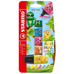 Stabilo Boss Mini Animal Vibes, lot de 5 mini marqueurs fluorescents - Largeur de trait : 2 à 5 mm - Encre à base d'eau