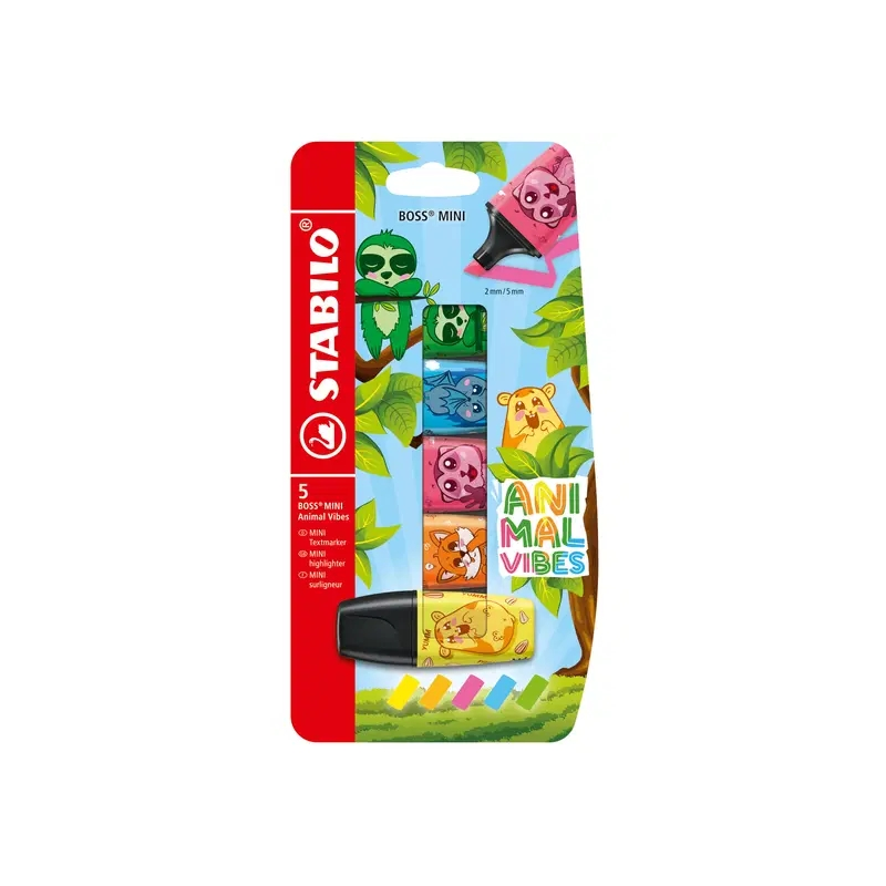 Stabilo Boss Mini Animal Vibes, lot de 5 mini marqueurs fluorescents - Largeur de trait : 2 à 5 mm - Encre à base d'eau
