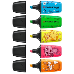 Stabilo Boss Mini Animal Vibes, lot de 5 mini marqueurs fluorescents - Largeur de trait : 2 à 5 mm - Encre à base d'eau