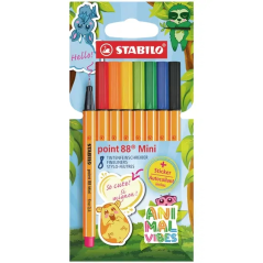 Pack Stabilo Point 88 Mini Animal Vibes avec 8 feutres à pointe fine - Comprend 5 autocollants personnalisables - Largeur de