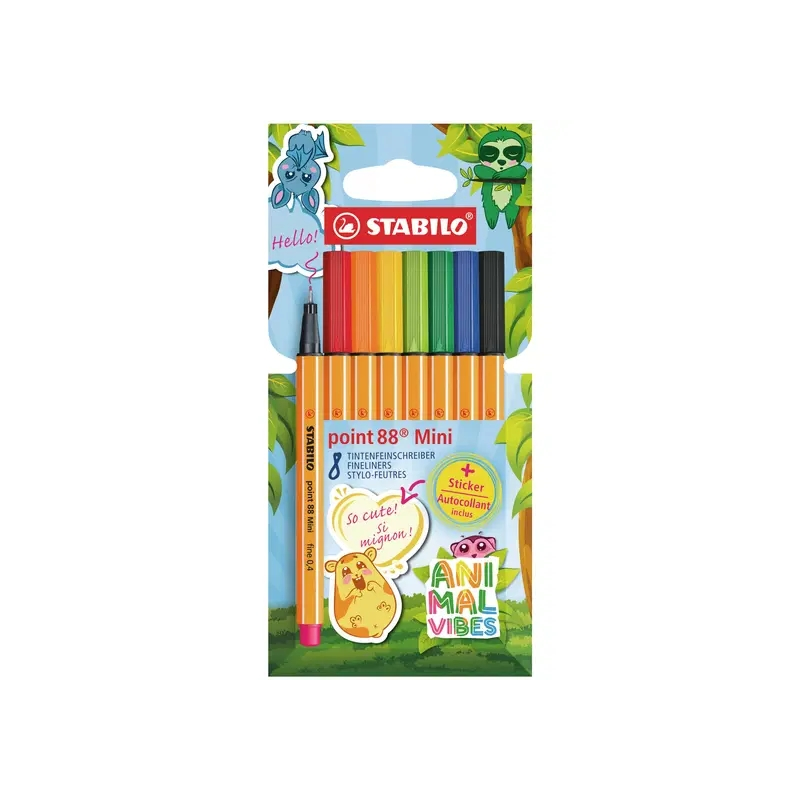 Pack Stabilo Point 88 Mini Animal Vibes avec 8 feutres à pointe fine - Comprend 5 autocollants personnalisables - Largeur de