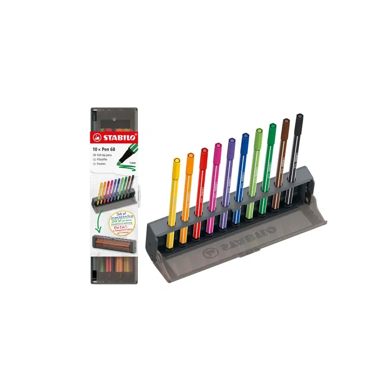 Ensemble de 68 feutres Stabilo Pen avec 10 marqueurs à pointe fibre - Largeur de trait : env. 1 mm - Encre à base d'eau
