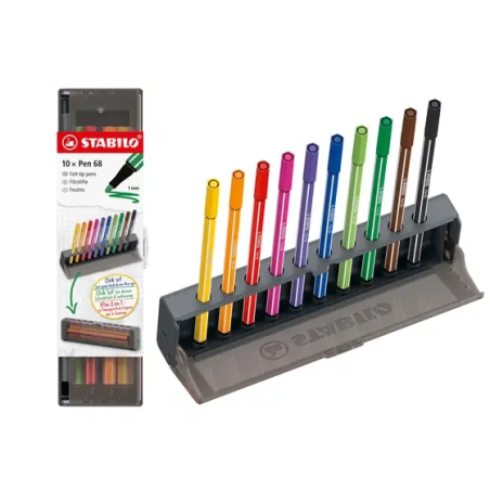 Ensemble de 68 feutres Stabilo Pen avec 10 marqueurs à pointe fibre - Largeur de trait : env. 1 mm - Encre à base d'eau
