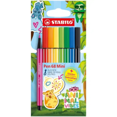 Pack de 68 mini feutres Stabilo Pen 68 Animal Vibes avec 8 marqueurs - Pointe fibre - Comprend 5 autocollants personnalisables