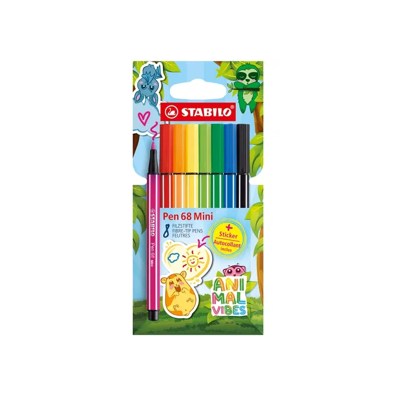 Pack de 68 mini feutres Stabilo Pen 68 Animal Vibes avec 8 marqueurs - Pointe fibre - Comprend 5 autocollants personnalisables