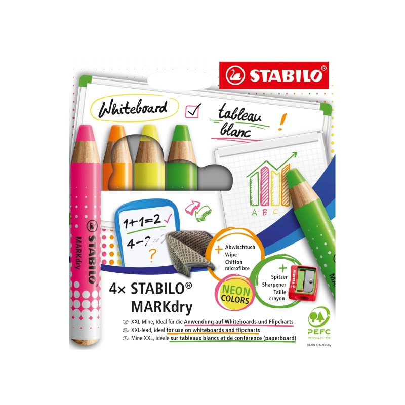 Stabilo MARKdry Neon Lot de 4 marqueurs pour tableau blanc + taille-crayon + chiffon de nettoyage - Mine XXL 10 mm - Bois 100 %