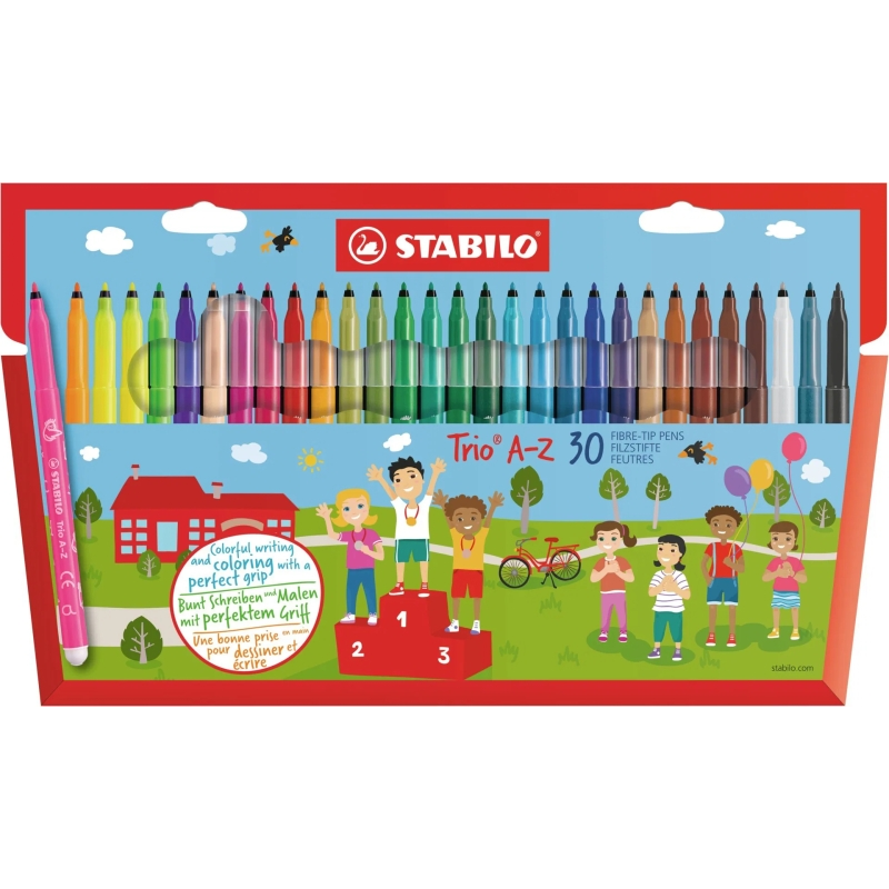 Lot de 30 feutres à pointe fine Stabilo Trio AZ - Largeur de trait : 0,7 mm - Encre lavable - Zone de préhension triangulaire