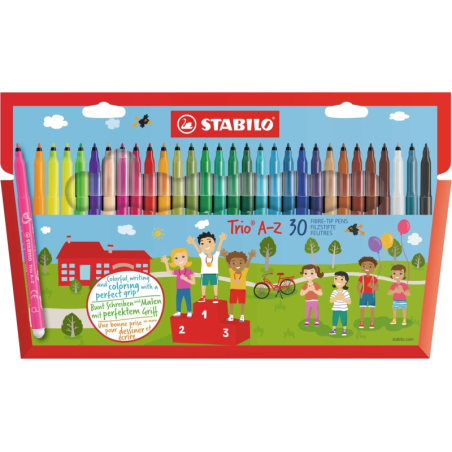 Lot de 30 feutres à pointe fine Stabilo Trio AZ - Largeur de trait : 0,7 mm - Encre lavable - Zone de préhension triangulaire