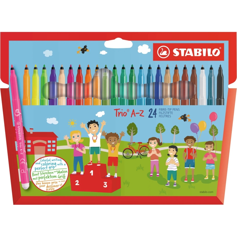 Lot de 24 stylos à pointe fine Stabilo Trio AZ - Largeur de trait : 0,7 mm - Encre lavable - Zone de préhension triangulaire