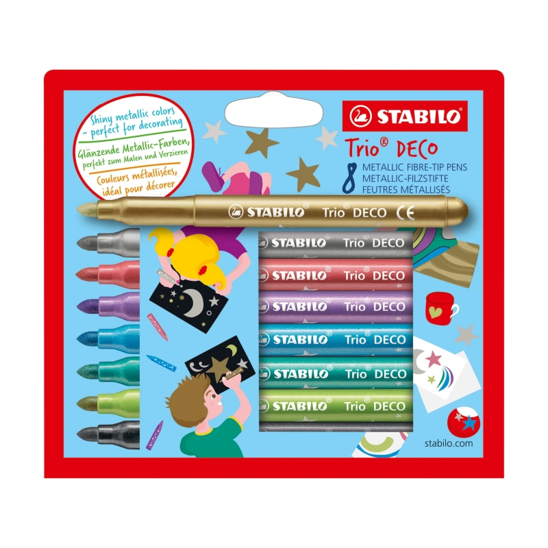 Pack Stabilo Trio Deco avec 8 marqueurs à pointe XL - Largeur de trait : 3 mm - Zone de préhension triangulaire - Couleurs