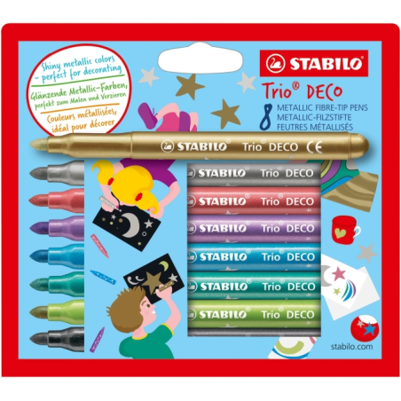 Pack Stabilo Trio Deco avec 8 marqueurs à pointe XL - Largeur de trait : 3 mm - Zone de préhension triangulaire - Couleurs