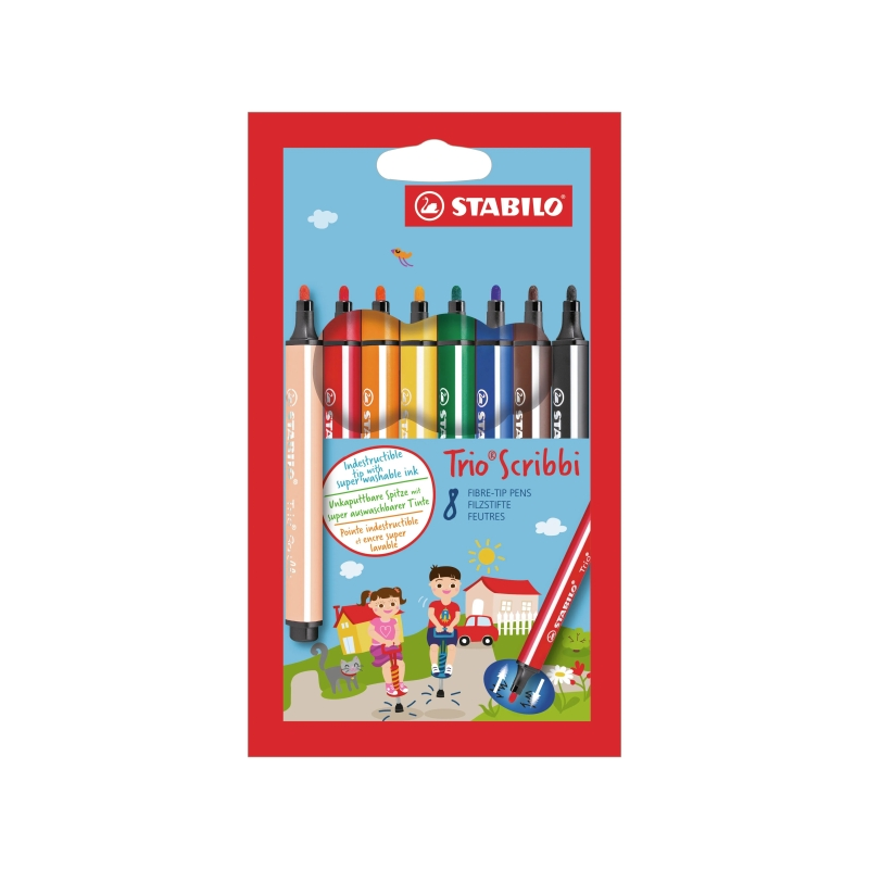 Lot de 8 feutres Stabilo Trio Scribbi - Pointe de 1,5 à 2 mm - Forme triangulaire - Encre lavable - Couleurs assorties