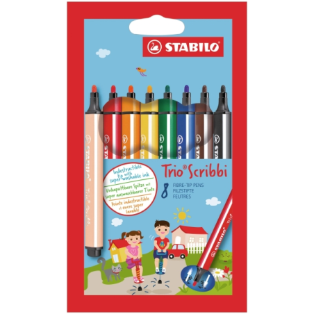 Lot de 8 feutres Stabilo Trio Scribbi - Pointe de 1,5 à 2 mm - Forme triangulaire - Encre lavable - Couleurs assorties
