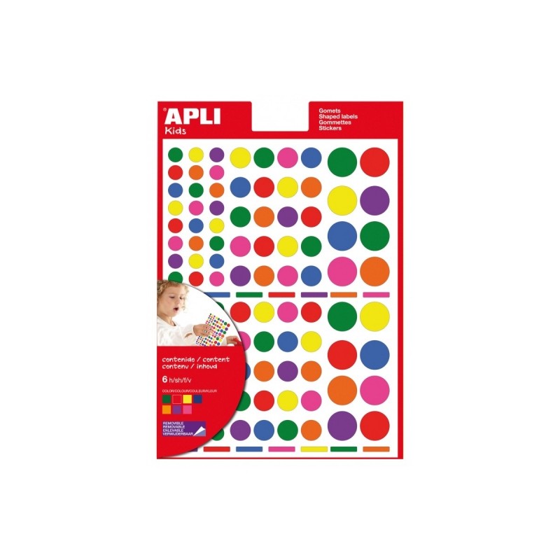 Apli Sachet de Gomets Assortis - Adhésif Amovible - Différentes Formes et Tailles - 668 Gomets - Développement Psychomoteur