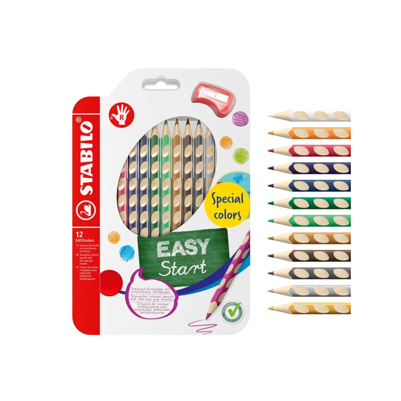 Coffret Stabilo Easycolors de 12 crayons de couleur ergonomiques + taille-crayon - Mine de 4,2 mm - Forme triangulaire - Pour