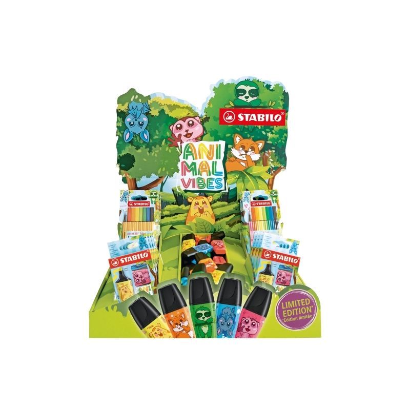 Présentoir de bureau Stabilo Animal Vibes avec 30 mini stylos Boss en vrac, 8 paquets de 3 mini stylos Boss, 5 paquets de 8