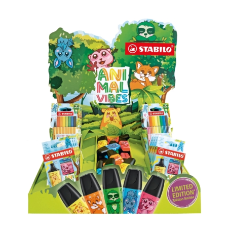 Présentoir de bureau Stabilo Animal Vibes avec 30 mini stylos Boss en vrac, 8 paquets de 3 mini stylos Boss, 5 paquets de 8