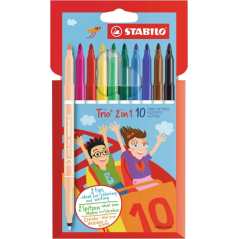 Lot de 10 marqueurs Stabilo Trio 2-en-1 à double pointe (fine 0,5 mm et large 2 mm), encre lavable, zone de préhension
