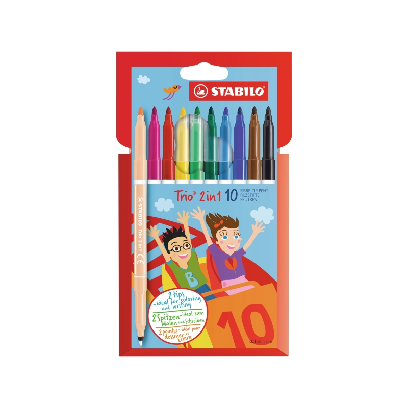 Lot de 10 marqueurs Stabilo Trio 2-en-1 à double pointe (fine 0,5 mm et large 2 mm), encre lavable, zone de préhension