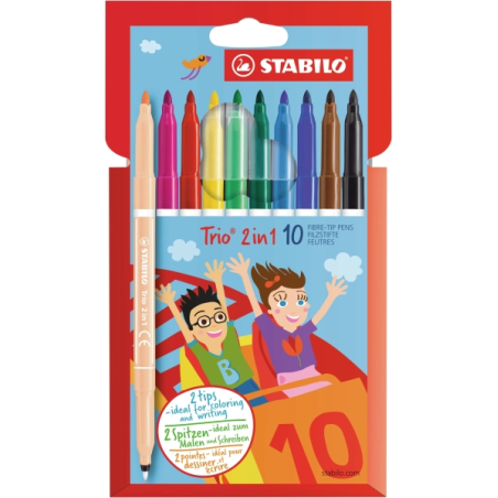 Lot de 10 marqueurs Stabilo Trio 2-en-1 à double pointe (fine 0,5 mm et large 2 mm), encre lavable, zone de préhension