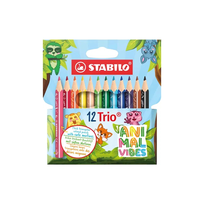 Coffret Stabilo Trio Animal Vibes avec 12 crayons de couleur - Motifs animaux amusants - Mine de 4,2 mm - Forme triangulaire