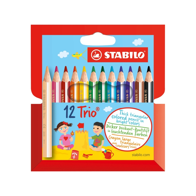 Coffret mini Stabilo Trio Thick de 12 crayons de couleur - Mine de 4,2 mm - Forme triangulaire - Couleurs assorties