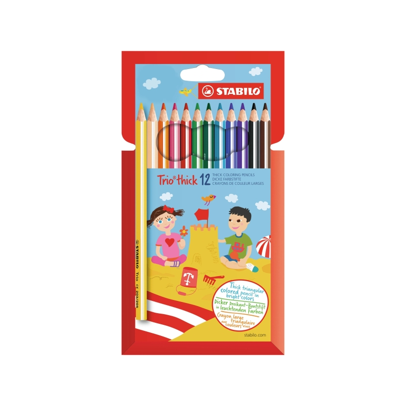 Stabilo Trio, lot de 12 crayons de couleur épais - Mine de 4,2 mm - Forme triangulaire - Couleurs assorties