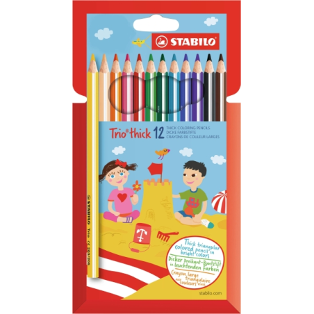 Stabilo Trio, lot de 12 crayons de couleur épais - Mine de 4,2 mm - Forme triangulaire - Couleurs assorties