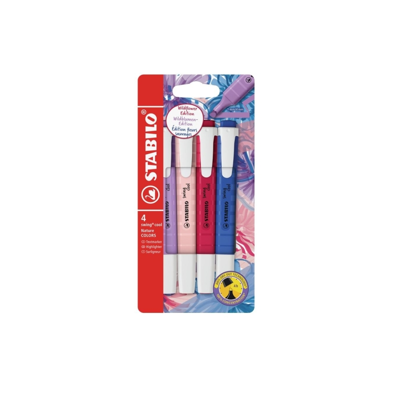 Lot de 4 feutres Stabilo Swing Cool Naturecolors Wildflower - Corps plat - Pointe biseautée - Largeur de trait de 1 à 4 mm