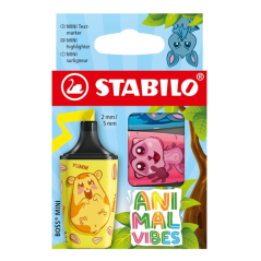Stabilo Boss Mini Animal Vibes, lot de 3 mini marqueurs fluorescents - Largeur de trait : 2 à 5 mm - Encre à base d'eau - Ne