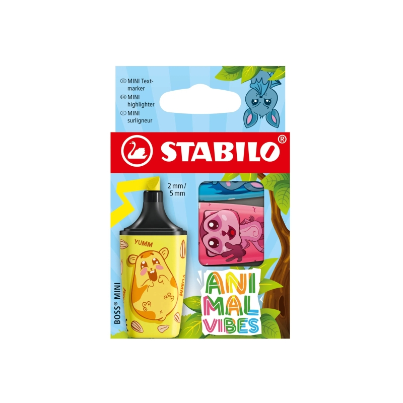Stabilo Boss Mini Animal Vibes, lot de 3 mini marqueurs fluorescents - Largeur de trait : 2 à 5 mm - Encre à base d'eau - Ne
