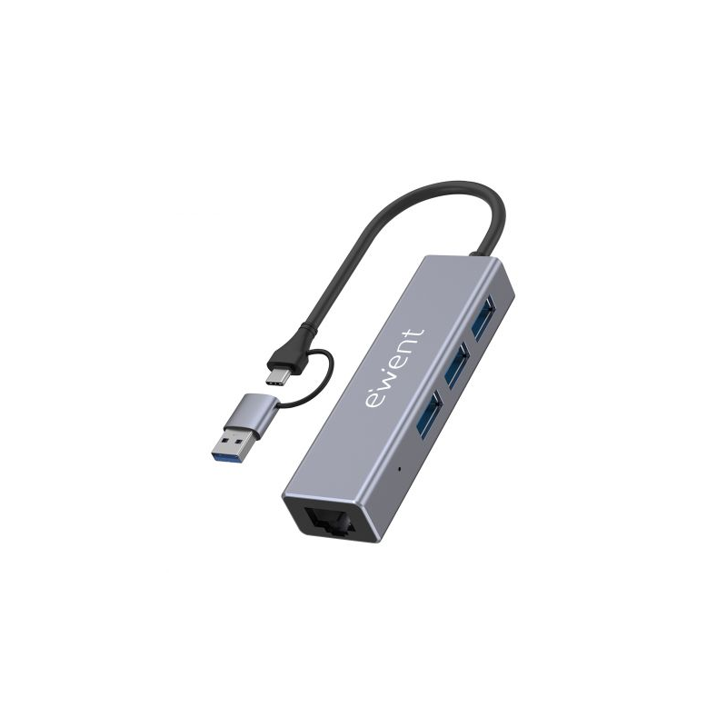 Adaptateur réseau Ewent USB-C + USB-A/M 3.2 Gen1 vers Gigabit Ethernet 10/100/1000 Mbps + Hub 3 ports USB-A 3.2 Gen1 - 15 cm
