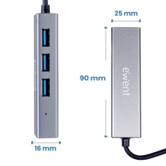 Adaptateur réseau Ewent USB-C + USB-A/M 3.2 Gen1 vers Gigabit Ethernet 10/100/1000 Mbps + Hub 3 ports USB-A 3.2 Gen1 - 15 cm